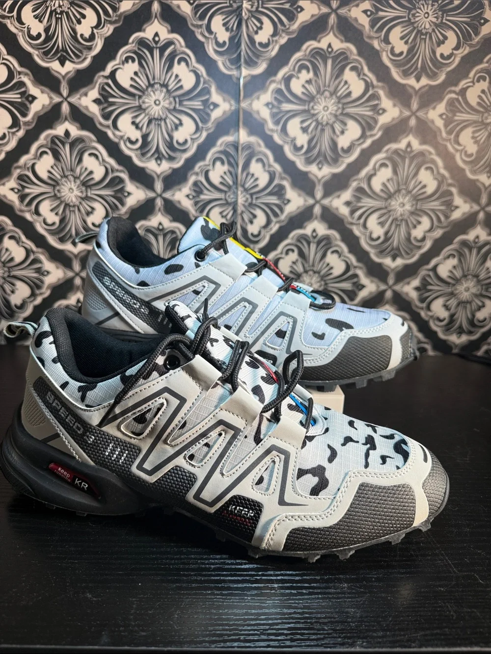 Men's Athletic Hiking Trail Shoes in White and Black Camouflage -